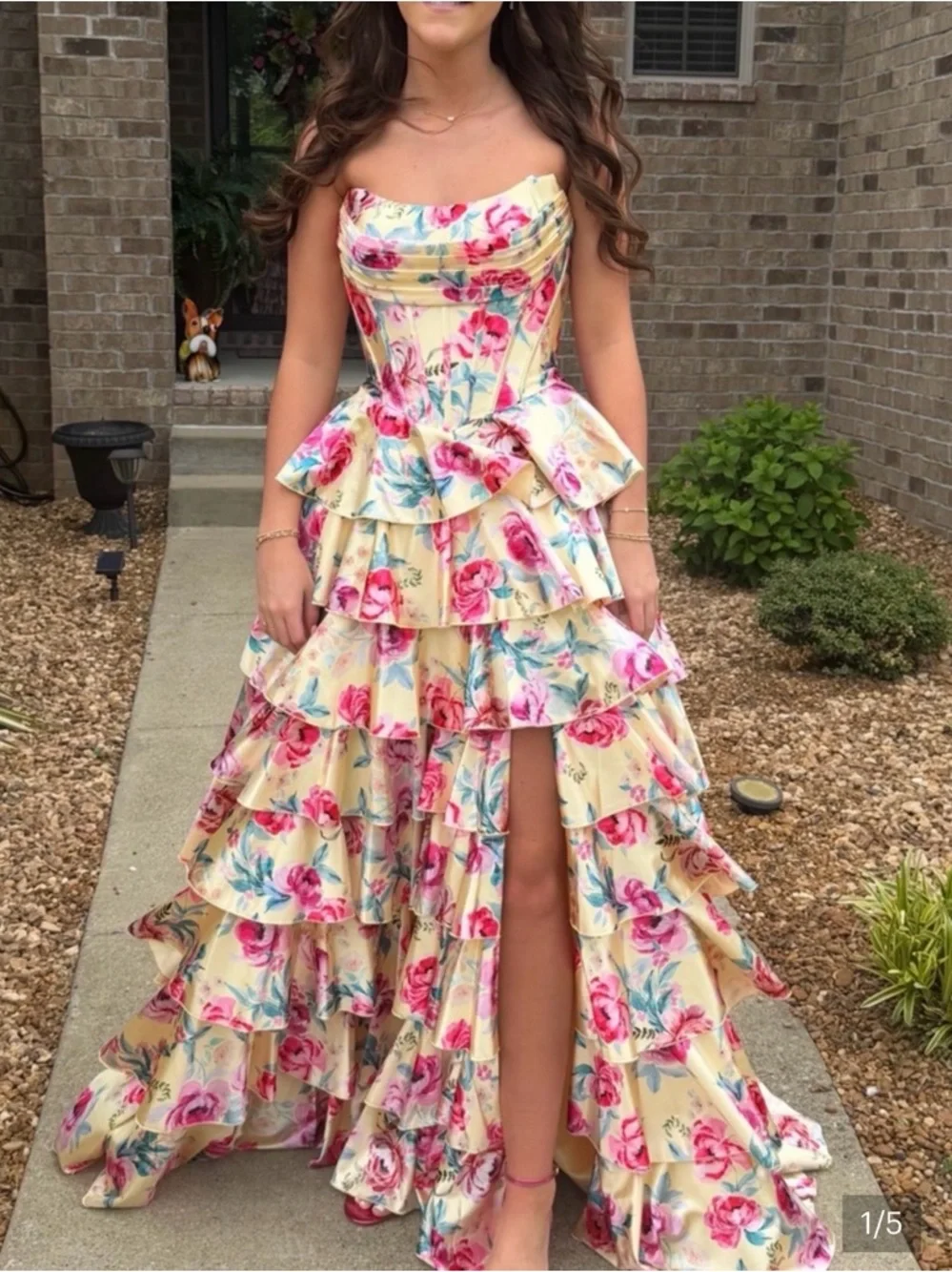 Sherri Hill Floral Tiered High-Low Prom Dress in Cream and Pink - Picture 5 of 6